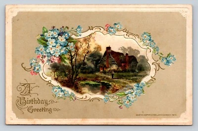 c1915 Lovely Country Home by Pond Framed with Blue Flowers ANTIQUE Postcard 1043 - Image 1 of 2