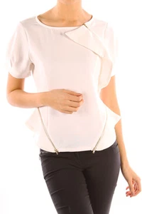 Elfenbein Creme Gold Reißverschluss Detail Rüschen Top Bluse Kurzarm Stretch - Bild 1 von 3