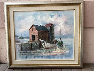 A. SIMPSON FISHING Nautical Dock HARBOR SCENE Troller ORIGINAL OIL PAINTING - Picture 1 of 6