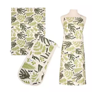 Dexam Organic Cotton Adult Apron, Tea Towel & Double Oven Glove Set - Fern - Picture 1 of 1