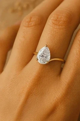 Real Moissanite 3.00Ct Pear Cut Wedding Engagement Ring 14K Yellow Gold Plated - Image 1 of 4