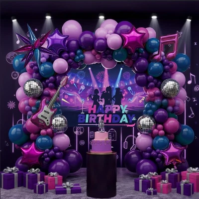 Decoraciones de cumpleaños temáticas de música K-Pop con globo rosa y morado azul marino... Foto 1 de 4