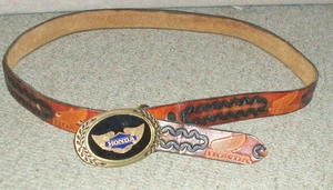 Cintura vintage in pelle HONDA lavorata ad ala oro con fibbia per cintura in ottone, 39/40" - Foto 1 di 4