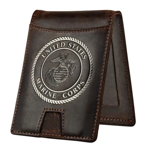 USMC Wallet RFID-Blocking Marine Corps Bi-Fold Card Holder | Crazy Horse Leat... - Picture 1 of 7