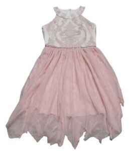 Rare Editions Girls Dress Size 14 Pink Sequin Floral Fairy Hem Bead Waist Tulle