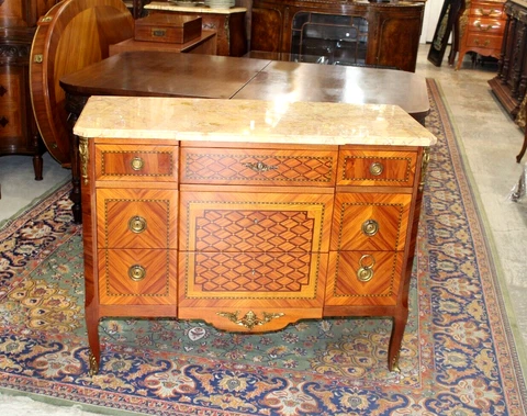 French Antique Inlaid King Wood Napoleon III Marble Top Chest of Drawers Dresser Cover