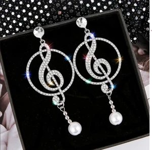 Large Pearl Treble Clef, Music Note Drop Silver Earrings - Music, Womans - Picture 1 of 5