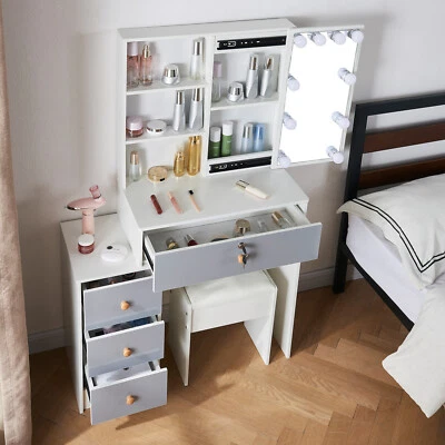 YAMISSI Weiß Schminktisch & LED-Spiegel Beleuchtung Schublade Frisiertisch und Hocker DE