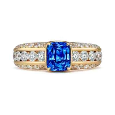 6Ct Cushion Simulated Sapphire/Diamond Engagement Ring 14K Yellow Gold Plated - Image 1 of 4