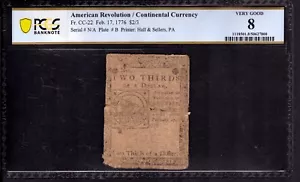 CONTINENTAL COLONIAL CURRENCY FEB 17 1776 $2/3 CC-22 FUGIO NOTE PCGS B VG 8 - Picture 1 of 4