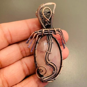 Rose Quartz Gemstone  Copper Wire Wrapped Handmade Pendant 2.3" Jewelry A5208 - Picture 1 of 3