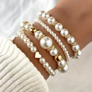 4pcs White Faux Pearls Beads Beaded Bracelet Set Hand String Jewelry Accessory - Picture 1 of 7