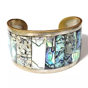 Vintage Abalone Wide Cuff Bracelet Blue Green Shell Silver-tone Boho cfb - Picture 1 of 9