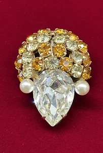 Vintage Joseph Warner Citrine Rhinestones Faux Pearl Brooch Pin - Picture 1 of 7