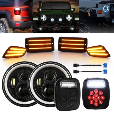 7" LED Headlights+Led Side Marker Light+Tail Lights For Jeep Wrangler TJ 97-06 - Image 1 of 4