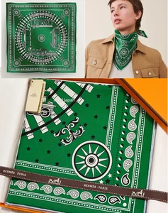 Unused w/box HERMES Carre 55 ALL ABOARD ! Silk Scarf Bandana 55cm Green - Picture 1 of 24