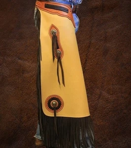 Handmade Western Leather Chink Chaps with Fringe and Conchos - Rodeo Style - Imagen 1 de 3