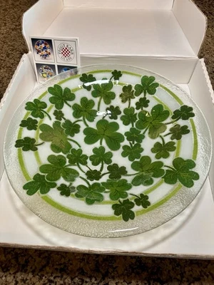 Signed Peggy Karr Fused Glass Round Bowl Plate 13” Green Shamrocks Lucky Irish - Image 1 of 4