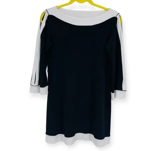 EVA VARRO White Black Tunic Top Split Sleeve 3/4 Sleeve Stretch Womens M - Picture 1 of 12