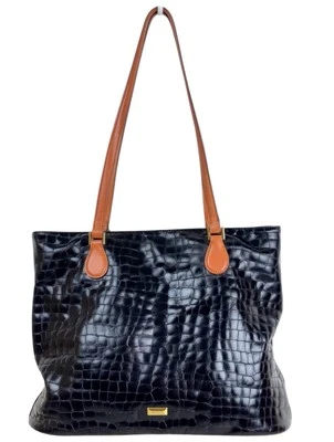 Bolso de hombro Moschino de cuero negro cocodrilo en relieve con asa marrón Italia usado en excelente estado Foto 1 de 4