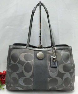 Coach Signature Gray Canvas Leather Trim Stripe Kisslock Satchel Shoulder Bag - Picture 1 of 18