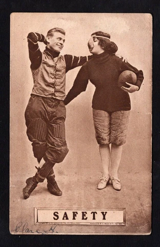 1910 FOOTBALL POSTCARD "SAFETY" WITH GREAT PERIOD EQUIPMENT AND SEXY POSE Cover