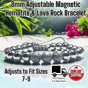 Magnetic Hematite / Lava Rock Adjustable 8mm Bracelet Sz 7-9 - Picture 1 of 3