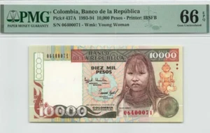 1993-94 Kolumbien 10000 Peso P437A Banknote Währung UNC PMG 66 - Bild 1 von 2