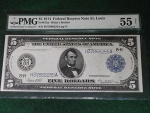 1914 $5 FRN Blue Seal Note 8-H H-A Type 1 AU55 - Picture 1 of 12