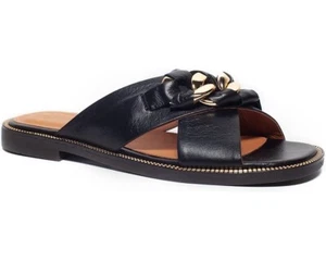 Womens Unity.In. Diversity Leather Chain Slide Sandals Talia BLK Gold Size 8-8.5 - Picture 1 of 5