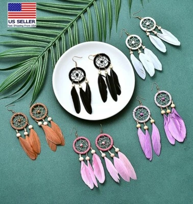 Women Jewelry Retro Boho Tassel Earrings Dream Catcher Feather Style Hoop Hook - Image 1 of 4