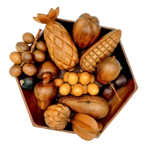 Vintage Monkey Pod Wood Bowl & Carved Fruit Set – 17 Pc – 11.5” Bowl Philippines - Picture 1 of 3