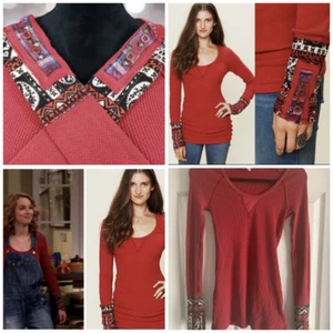 We the Free People Red Hyperactive Cuff Thermal ASO Teddy Duncan Boho Waffle New - Picture 1 of 9