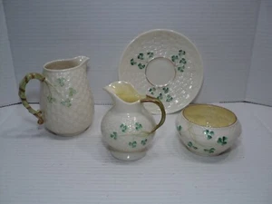 Balleek 4piece s Milk Pitcher, Creamer & Sugar, saucer 6th Mark Basket Weave - Picture 1 of 9