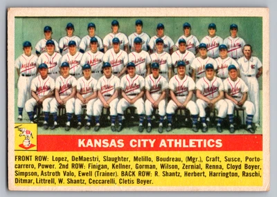 Tarjeta del equipo 1956 Topps #236 Kansas City A's con enos matanza y Lou Boudreau Foto 1 de 3