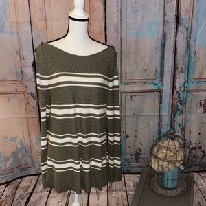 Talbots Olive & white striped Knit boat neck Sweater women’s XL - Picture 1 of 7