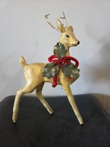  Figura de reno vintage GRANDE papel maché de Navidad arco acebo raro 9 X 13 - Imagen 1 de 15