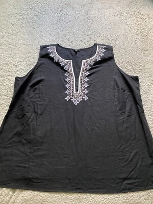 Talbots Women Embroidered Linen Blend Sleeveless Henley Tank Top Black Size 20W - Image 1 of 4