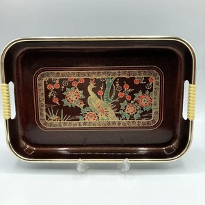 Vintage Lackgeschirr Tablett Vogel Pfau Floral Gold Schwarz Rot Glitzer 7"x11" - Bild 1 von 11