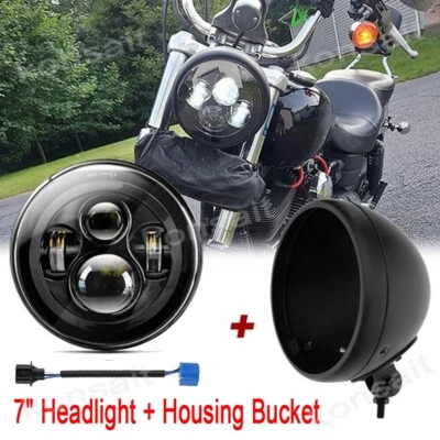 Faro LED DRL de 7 pulgadas con cubo de carcasa para motocicleta Harley Honda Yamaha Foto 1 de 4