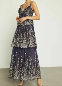 $588 NWT BCBGMAXAZRIA Sz10 FLORAL BLOOMS METALLIC EMBROIDERED RUFFLE GOWN DRESS - Picture 1 of 5