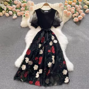 Women Knitted Mesh Floral Dress Midi Rose Embroidery Short Sleeve Party Swing - Picture 1 of 14