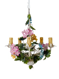 Charming Florentine Chandelier Enameled Metal Tole Flowers 50's Italian Ceiling - Picture 1 of 13
