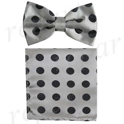 Men's polyester Pre-tied Bow Tie & Hankie set Silver black polka dots formal  - Image 1 of 4
