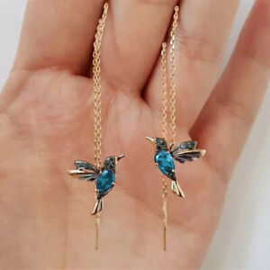 Blue Rhinestone Hummingbird Drop Dangle Fashion Earrings Gold Colored Chains AU 