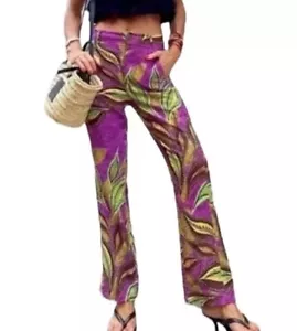 ZARA Womens Linen Blend Pockets Trouser Pants Purple Print Size Small NEW - Picture 1 of 13