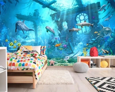 Papel pintado de murales de pared de delfines del mundo submarino 3D para decoración del hogar dormitorio de niños Foto 1 de 4
