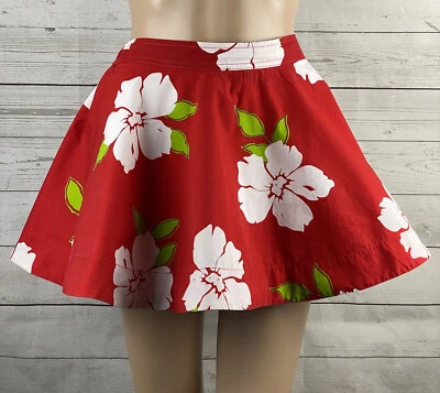 Hollister Skirt Small Bright Red White Green Hawaiian Floral 100% Cotton Flared - Image 1 of 4