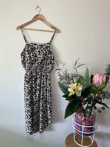 Valleygirl Black Beige Yellow Floral Sun Dress - Size 14 - Picture 1 of 11