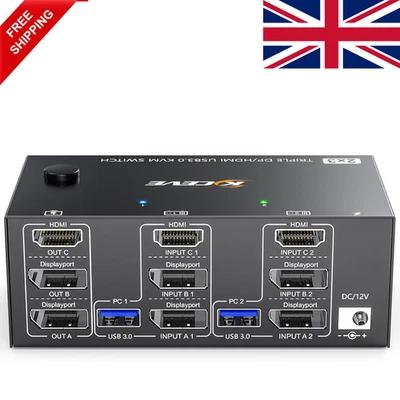 KVM Switch 3 Monitore 2 Computer 8K@60Hz 4K@144Hz, HDMI+2 Displayport USB3.0 - Bild 1 von 4